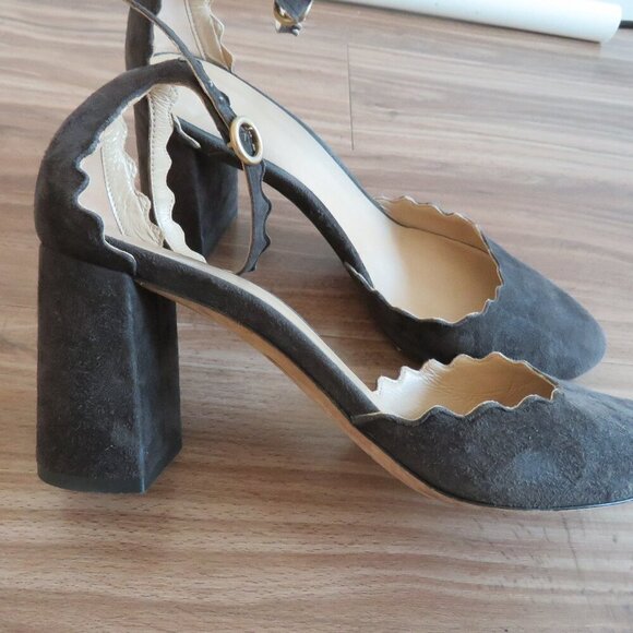 CHLOE Lauren Scalloped Ankle Strap Suede Block Heel Shoes Academia - Size US 7.5 - Picture 7 of 15